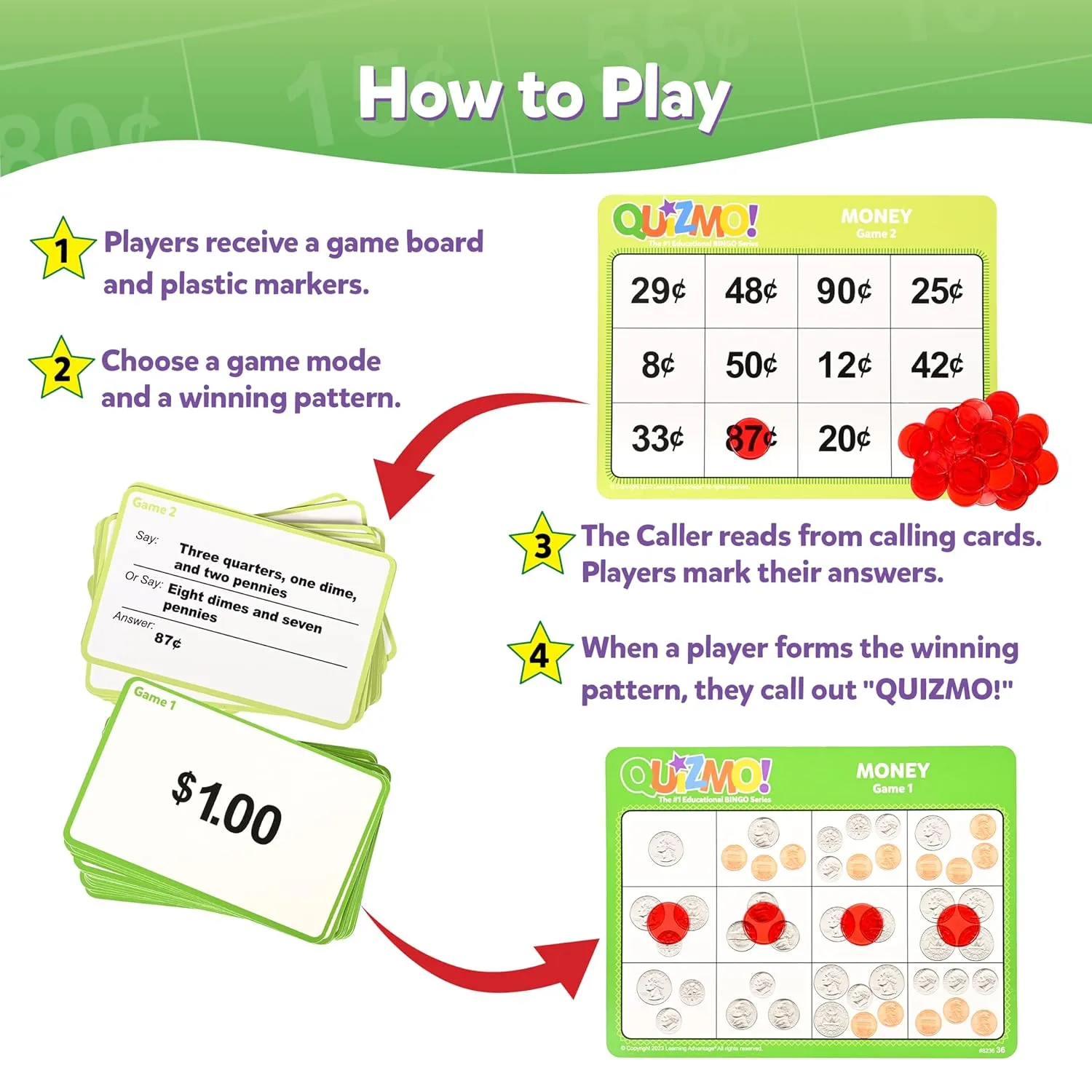 QUIZMO Money - Bingo-Style Money Game - 2 Levels of Difficulty for Ages 7-12 - Teach Basic Coin Recognition and Valuation