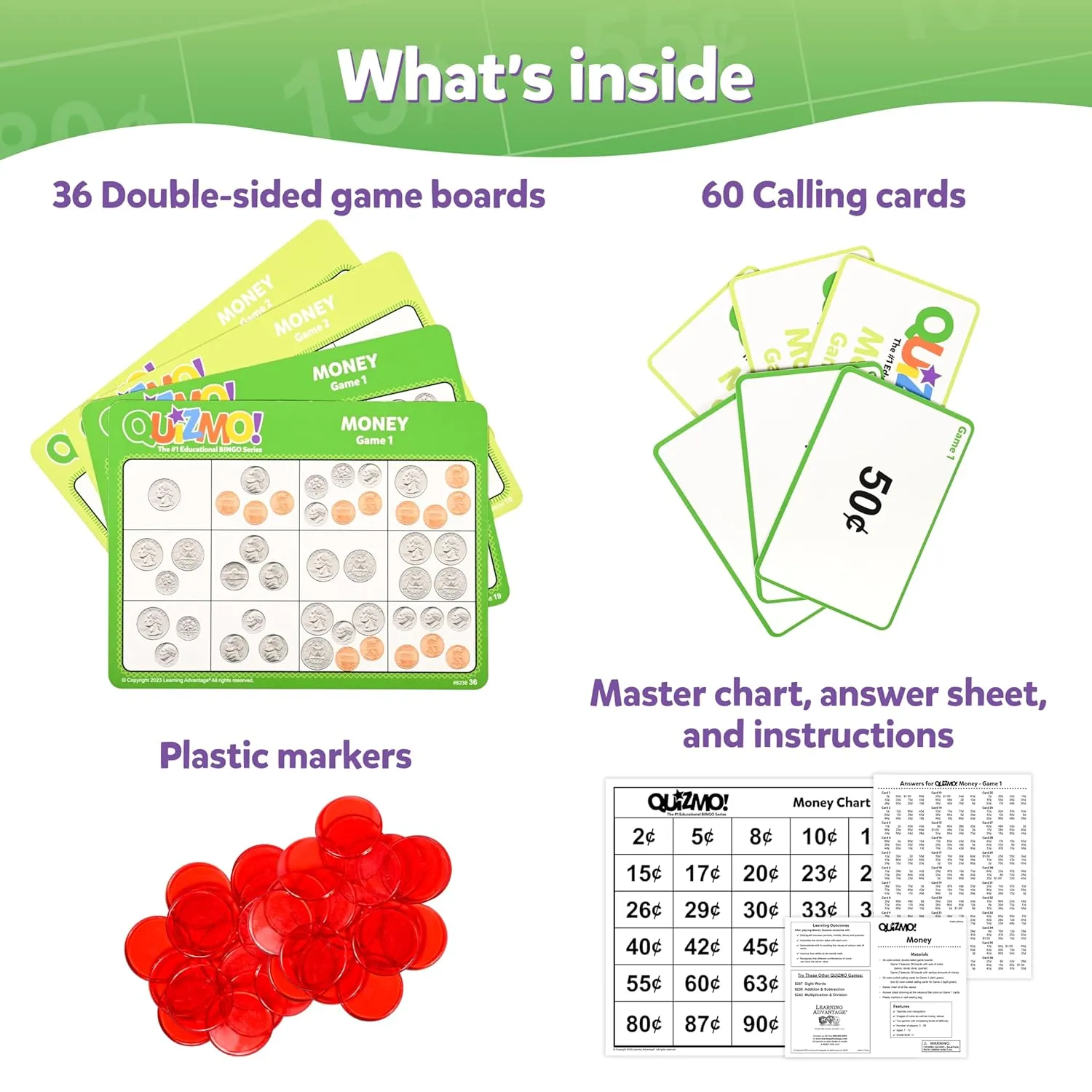 QUIZMO Money - Bingo-Style Money Game - 2 Levels of Difficulty for Ages 7-12 - Teach Basic Coin Recognition and Valuation