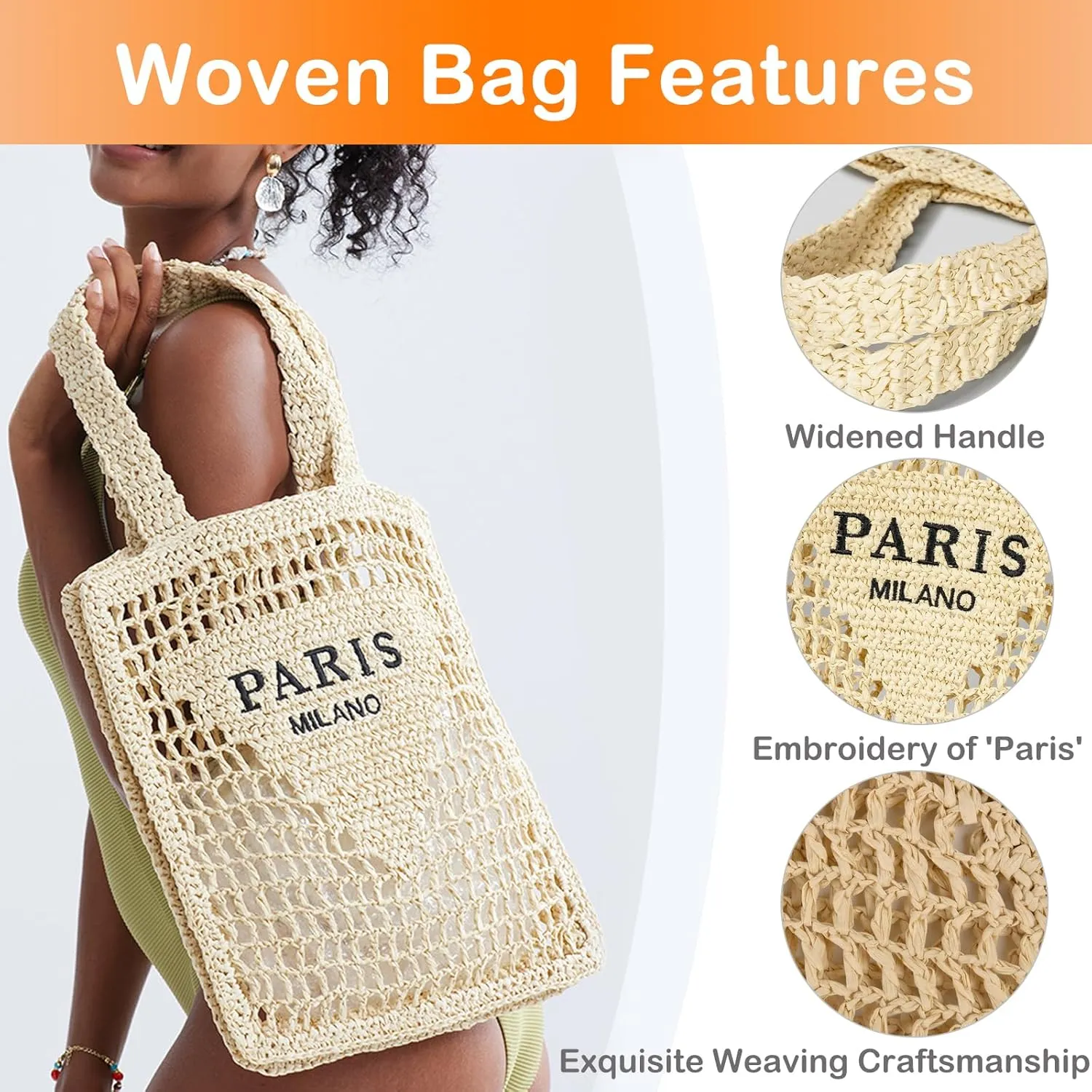 QZUnique Straw Beach Tote Bag for Women Summer Woven Shoulder Purse Handbag Large Handwoven Handbag Hobo for Vacation Travel