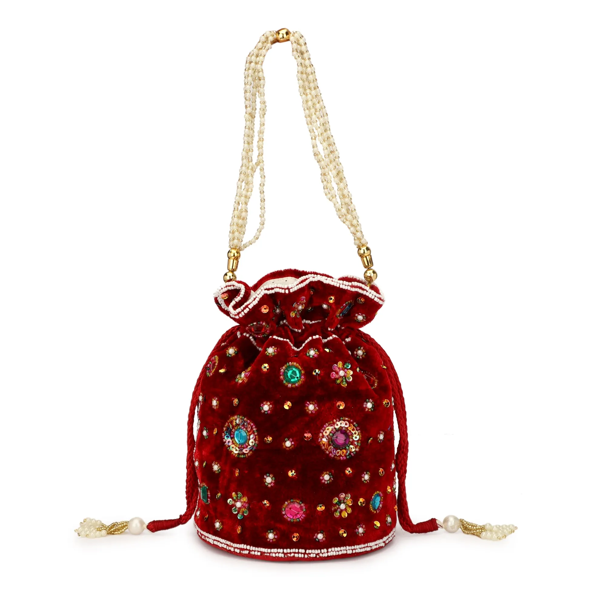 raditional Shagun Potli|Drawstring with Beads Handle Potli|New Flower Embroidery Potli|maroon