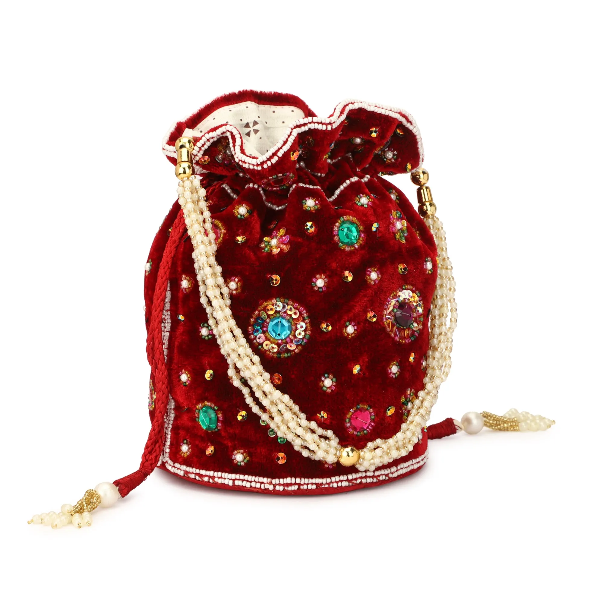 raditional Shagun Potli|Drawstring with Beads Handle Potli|New Flower Embroidery Potli|maroon