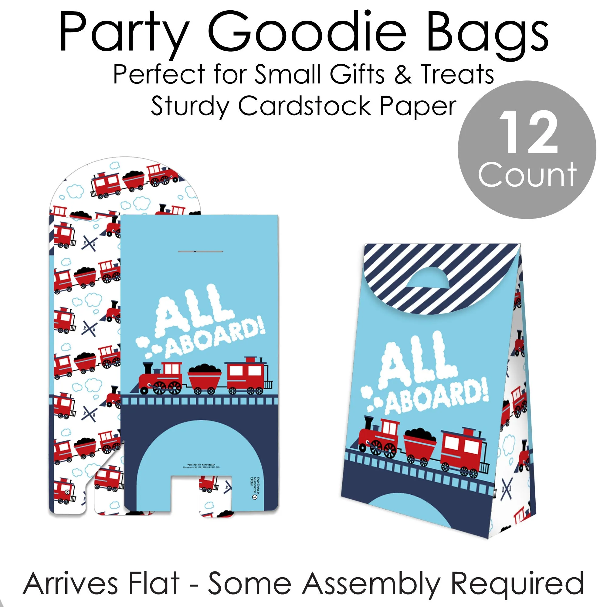 Railroad Party Crossing - Steam Train Birthday or Baby Shower Gift Favor Bags - Party Goodie Boxes - Set of 12
