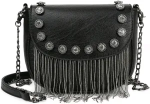 RARITYUS Women Studs Rivet Tassel Saddle Shoulder Bag PU Leather Punk Fringe Crossbody Bag Handbag
