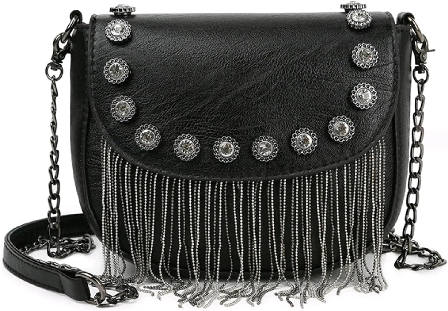 RARITYUS Women Studs Rivet Tassel Saddle Shoulder Bag PU Leather Punk Fringe Crossbody Bag Handbag