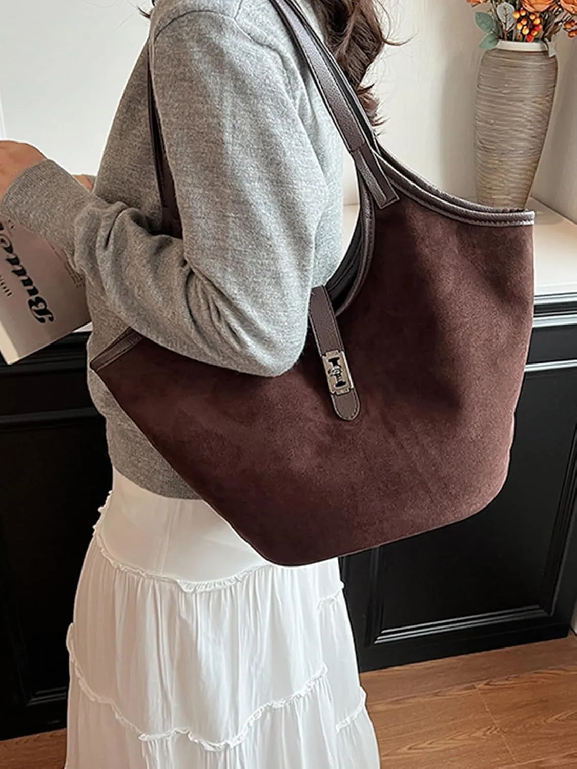 Rejolly Suede Bucket Tote Bags for Women Shoulder Bag Trendy Fall Purse Slouchy Handbag