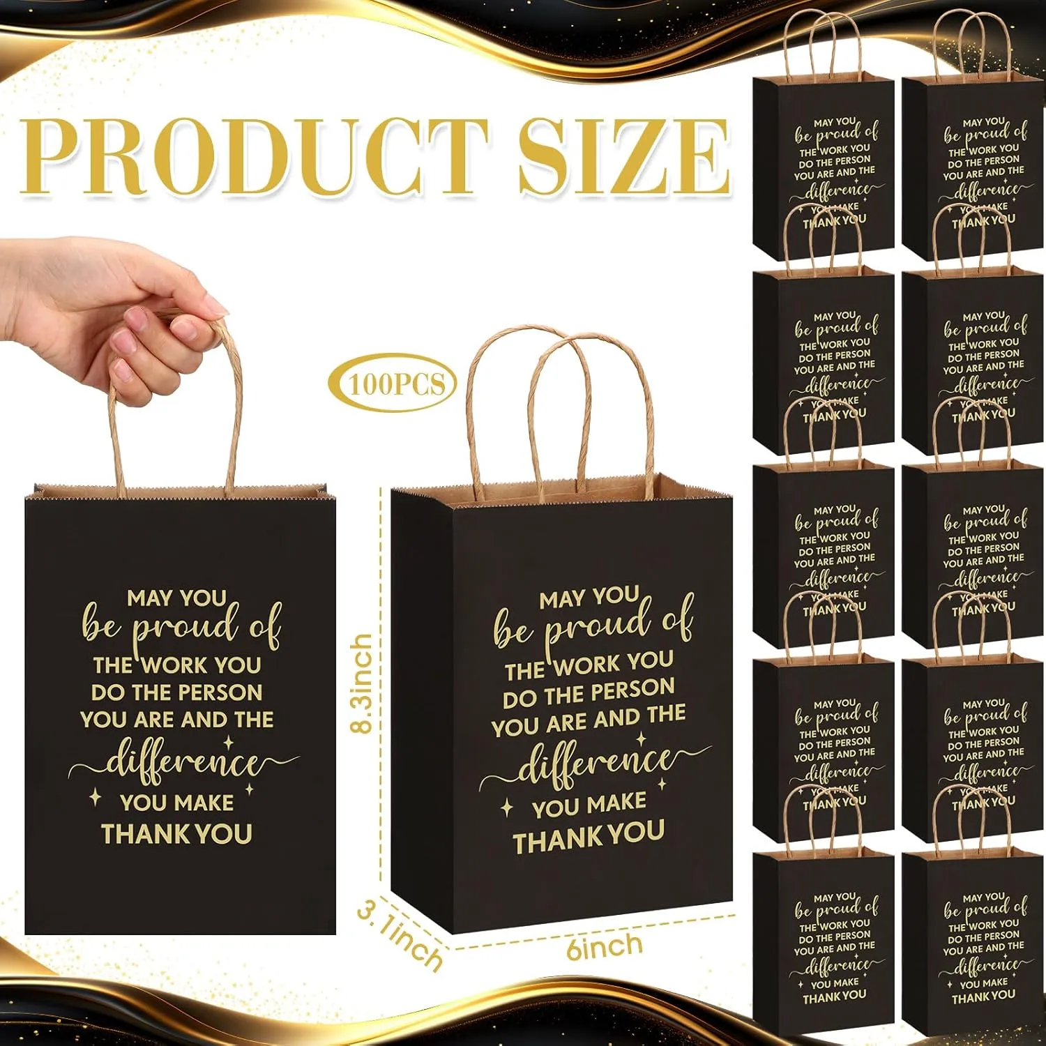 ReliThick 100 Pcs Employee Appreciation Gifts Bags Bulk May You Be Proud of The Work You Do Paper Bags Team Inspirational Gifts for Teachers Coworkers Volunteer Staff Nurses Week Appreciation(Black)