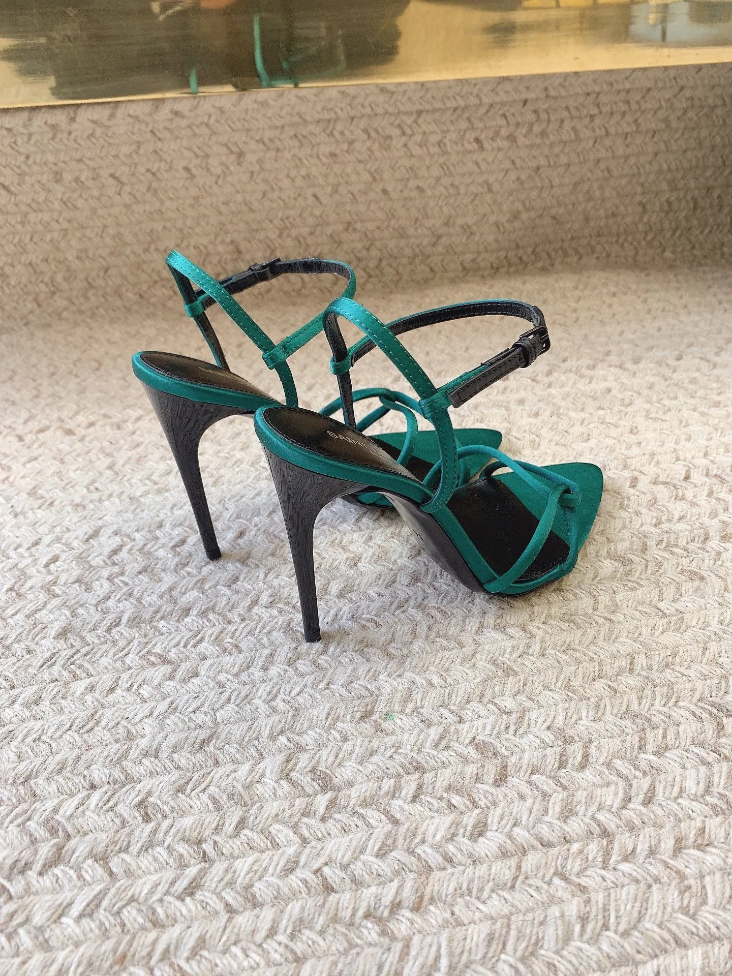 Saint Enhanced TEAL Certified SILK HIGH Laurent STRAPPY SANDALS HEEL GREEN IN