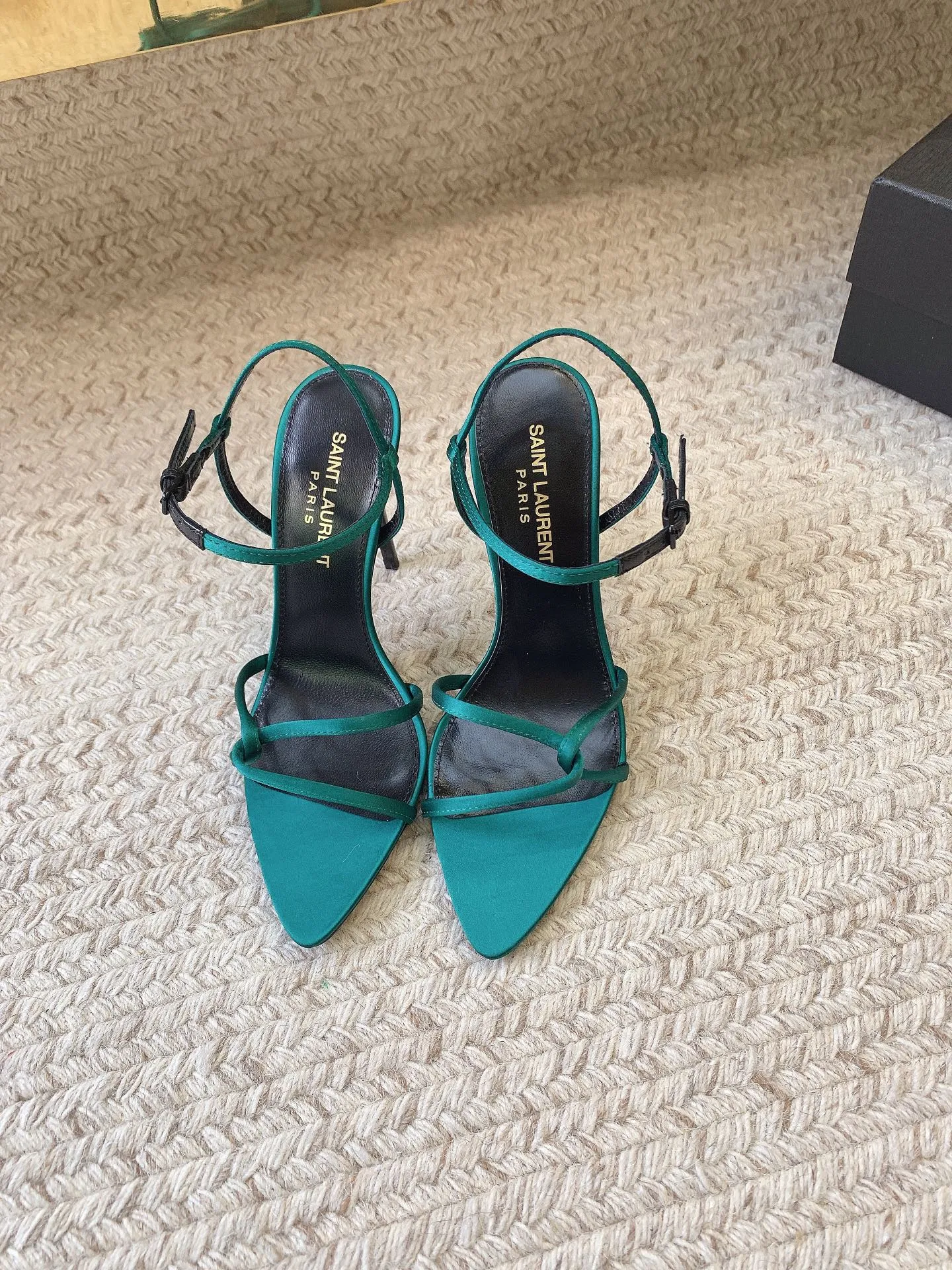 Saint Enhanced TEAL Certified SILK HIGH Laurent STRAPPY SANDALS HEEL GREEN IN