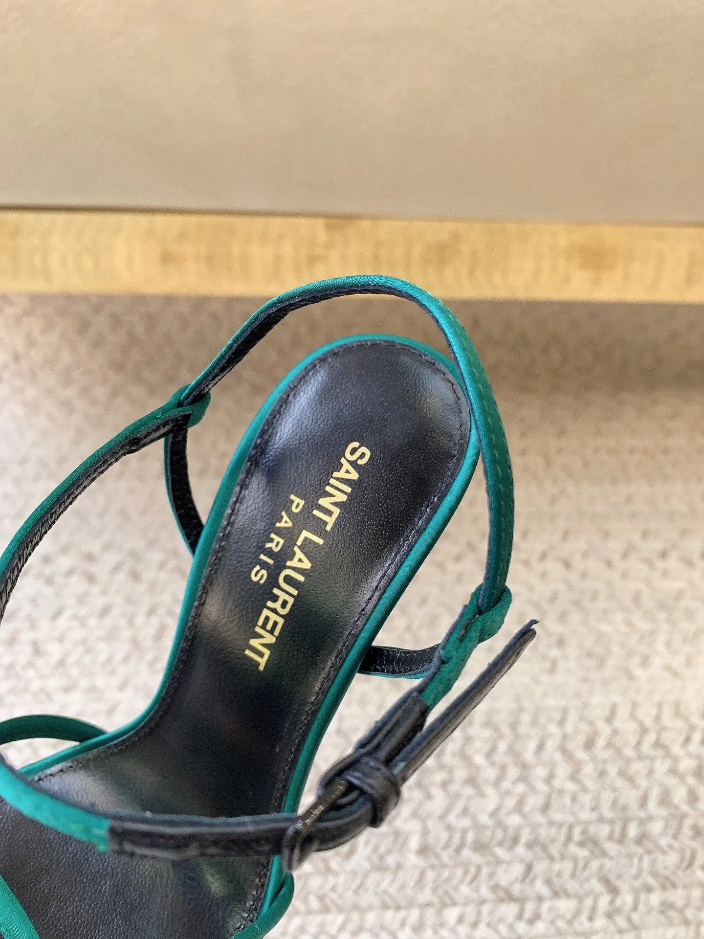 Saint Enhanced TEAL Certified SILK HIGH Laurent STRAPPY SANDALS HEEL GREEN IN