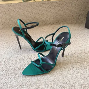 Saint Enhanced TEAL Certified SILK HIGH Laurent STRAPPY SANDALS HEEL GREEN IN