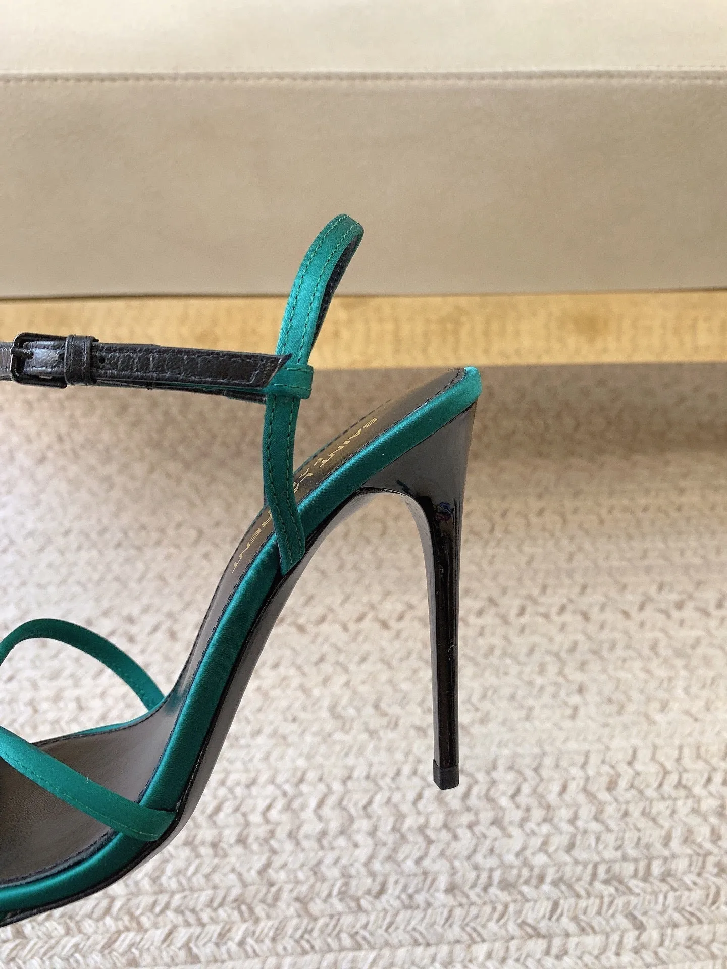 Saint Enhanced TEAL Certified SILK HIGH Laurent STRAPPY SANDALS HEEL GREEN IN