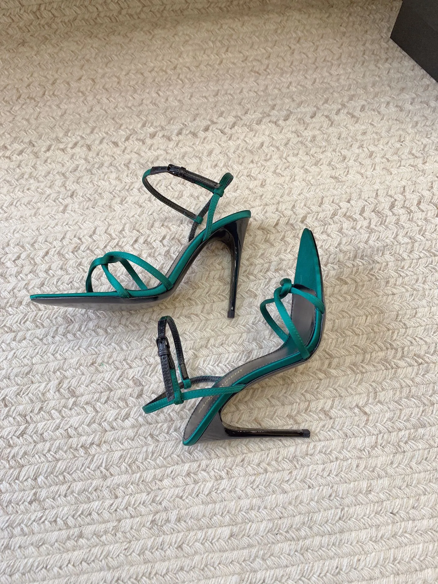 Saint Enhanced TEAL Certified SILK HIGH Laurent STRAPPY SANDALS HEEL GREEN IN