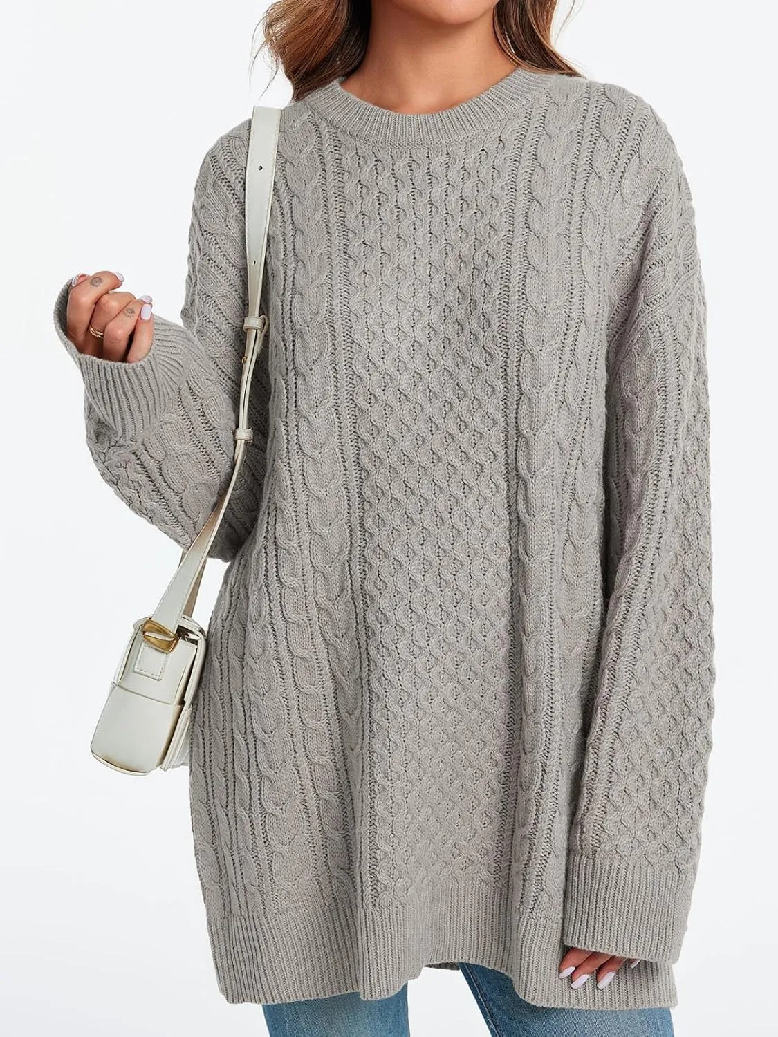 Saodimallsu Womens Oversized Sweaters Chunky Cable Knit Crewneck Long Sleeve Loose Tunic Sweater Tops