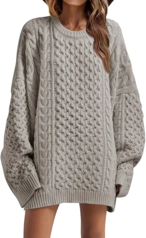 Saodimallsu Womens Oversized Sweaters Chunky Cable Knit Crewneck Long Sleeve Loose Tunic Sweater Tops