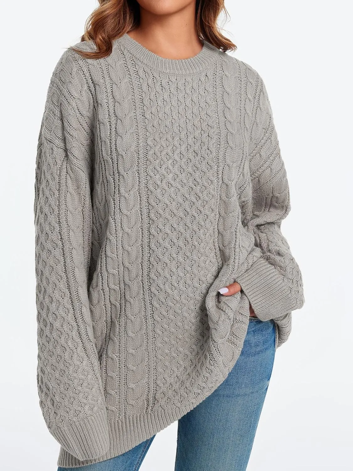 Saodimallsu Womens Oversized Sweaters Chunky Cable Knit Crewneck Long Sleeve Loose Tunic Sweater Tops