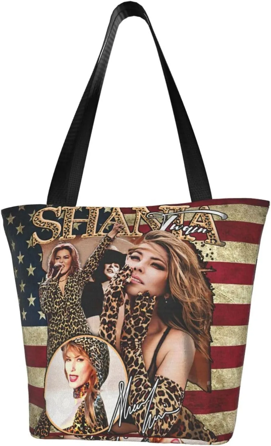 Shania Music Twain Reusable Grocery Bag for Kitchen Shopping Bags Tote Bags with Zipper for Women Classic Daily Handbag Storage Shoulder Bag for Work