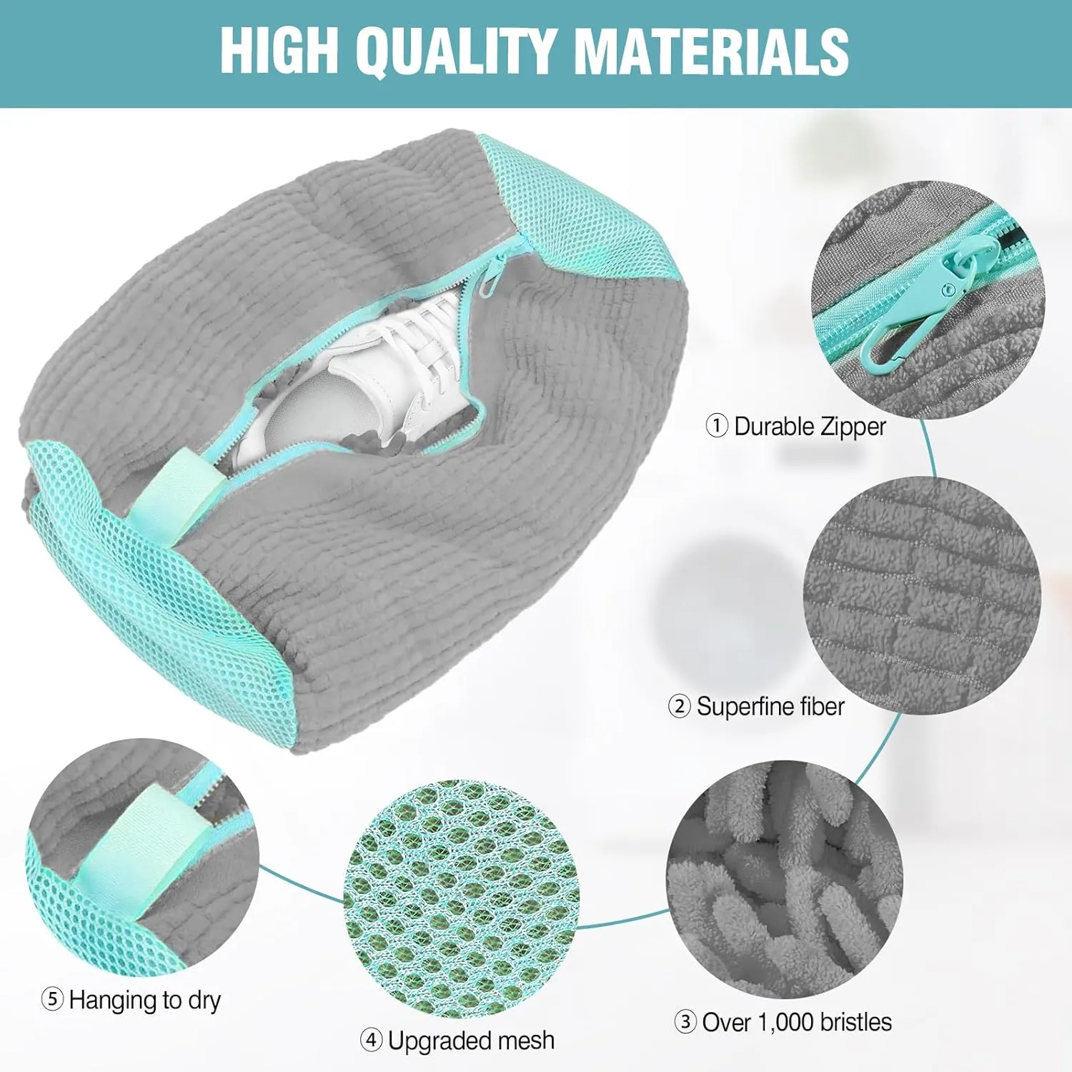 Shoe Washing Machine Bag, 2 Pack Grey Laundry Shoe Bags for Washer and Dryer, Sturdy Zipper with Hook Design, Dry Net Bag Included, Reusable for Sneaker, Grey 2PCS