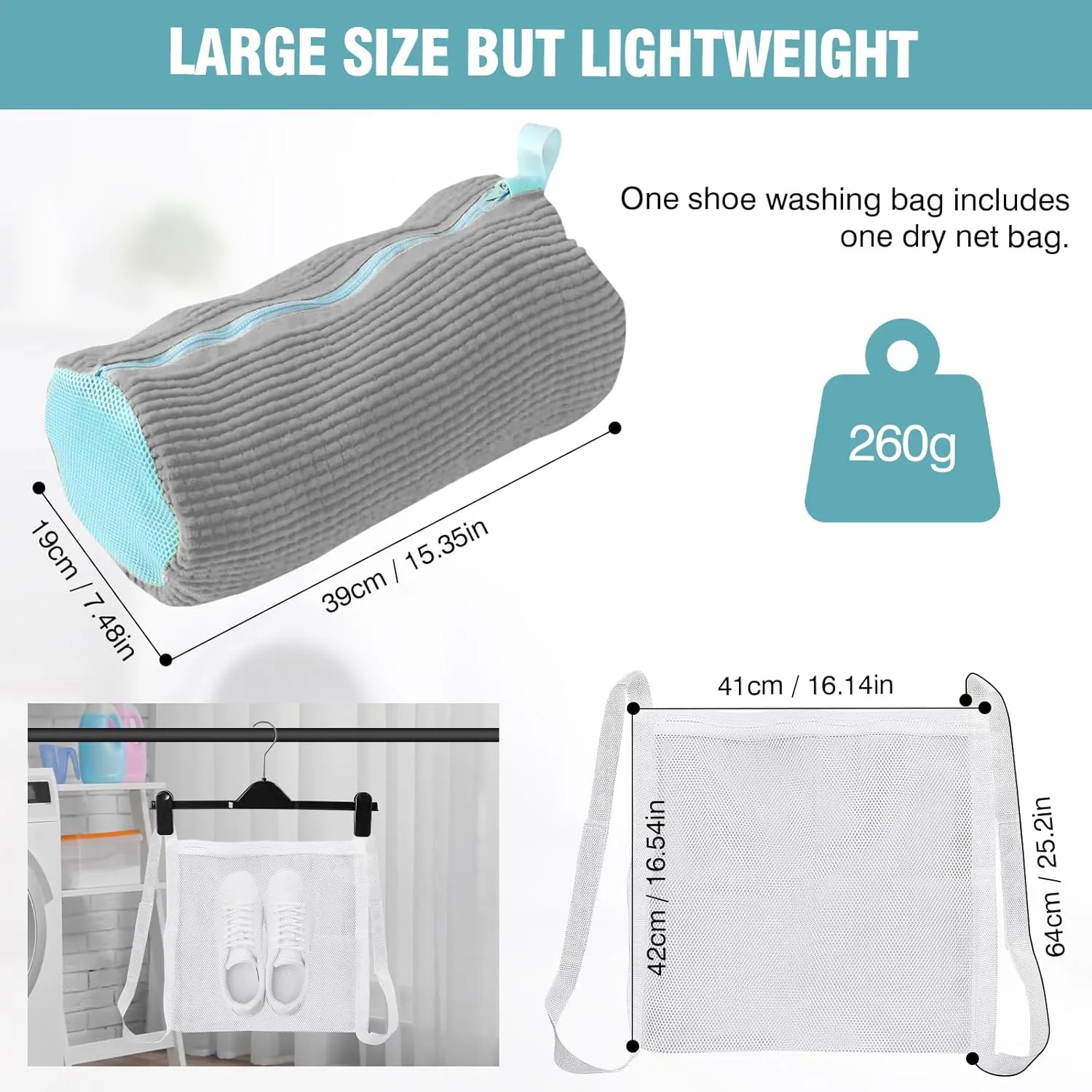 Shoe Washing Machine Bag, 2 Pack Grey Laundry Shoe Bags for Washer and Dryer, Sturdy Zipper with Hook Design, Dry Net Bag Included, Reusable for Sneaker, Grey 2PCS