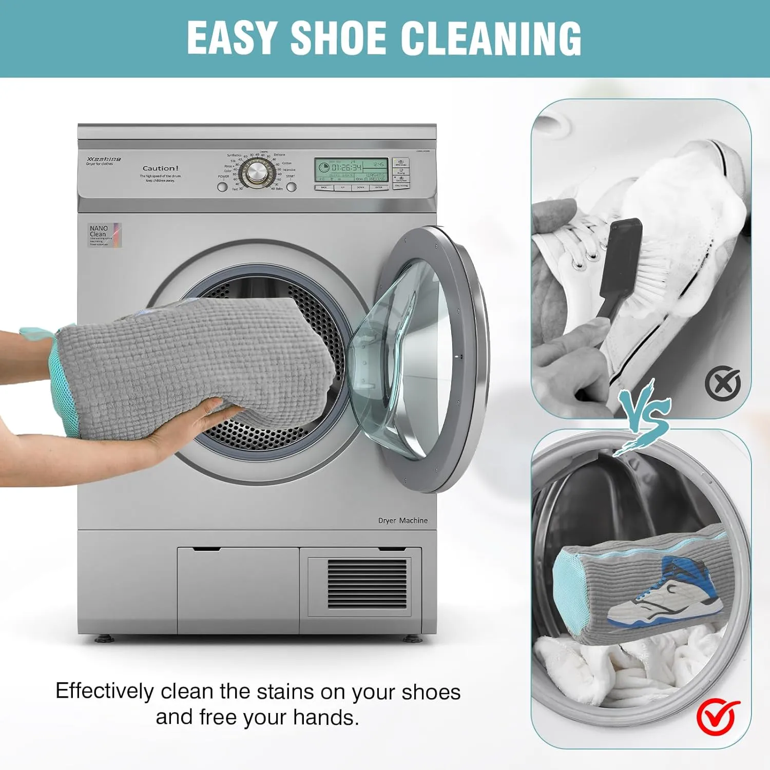 Shoe Washing Machine Bag, 2 Pack Grey Laundry Shoe Bags for Washer and Dryer, Sturdy Zipper with Hook Design, Dry Net Bag Included, Reusable for Sneaker, Grey 2PCS