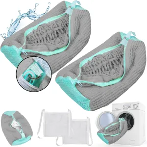 Shoe Washing Machine Bag, 2 Pack Grey Laundry Shoe Bags for Washer and Dryer, Sturdy Zipper with Hook Design, Dry Net Bag Included, Reusable for Sneaker, Grey 2PCS