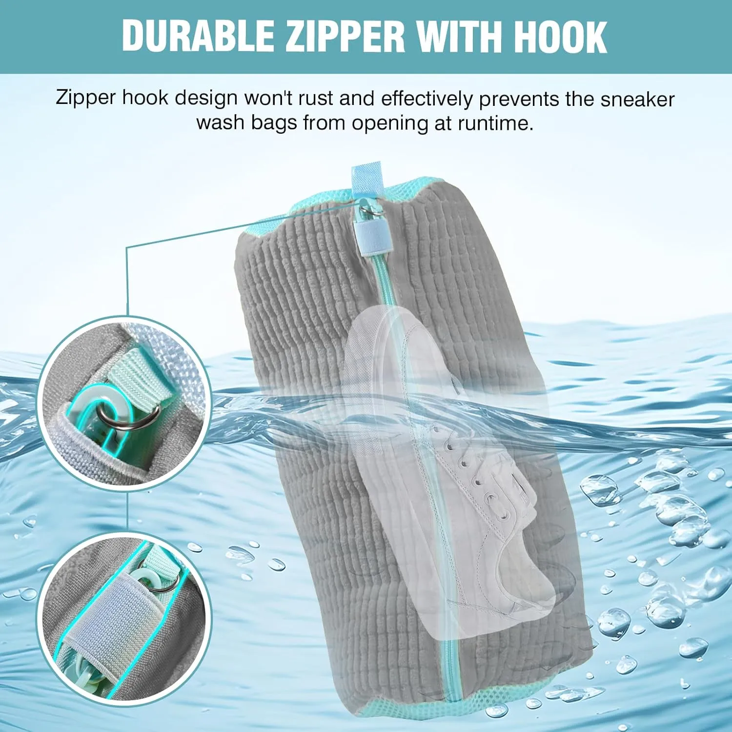 Shoe Washing Machine Bag, 2 Pack Grey Laundry Shoe Bags for Washer and Dryer, Sturdy Zipper with Hook Design, Dry Net Bag Included, Reusable for Sneaker, Grey 2PCS