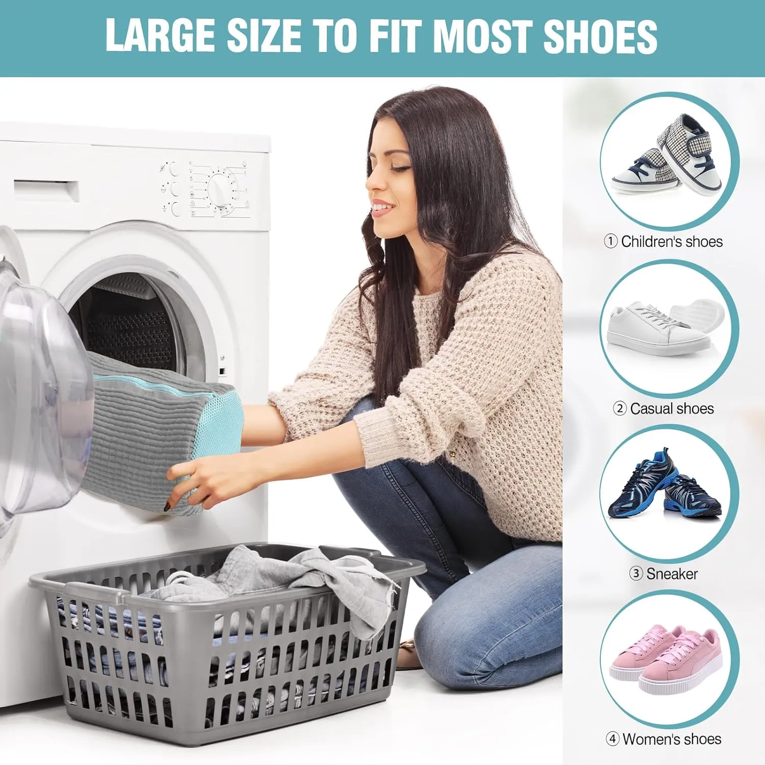 Shoe Washing Machine Bag, 2 Pack Grey Laundry Shoe Bags for Washer and Dryer, Sturdy Zipper with Hook Design, Dry Net Bag Included, Reusable for Sneaker, Grey 2PCS