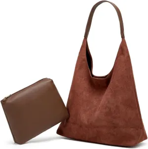 Slouchy Suede Shoulder Bags for Women Large Tote Purse Retro Soft Handbag Casual Work Ladies Top Handle Satchel 2pcs