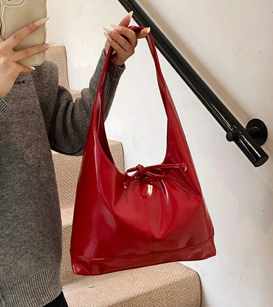 Slouchy Tote Bags For Women Soft Leather Handbag Retro Red Shoulder Bag Y2K Underarm Purse With Bow Casual Work Handbag