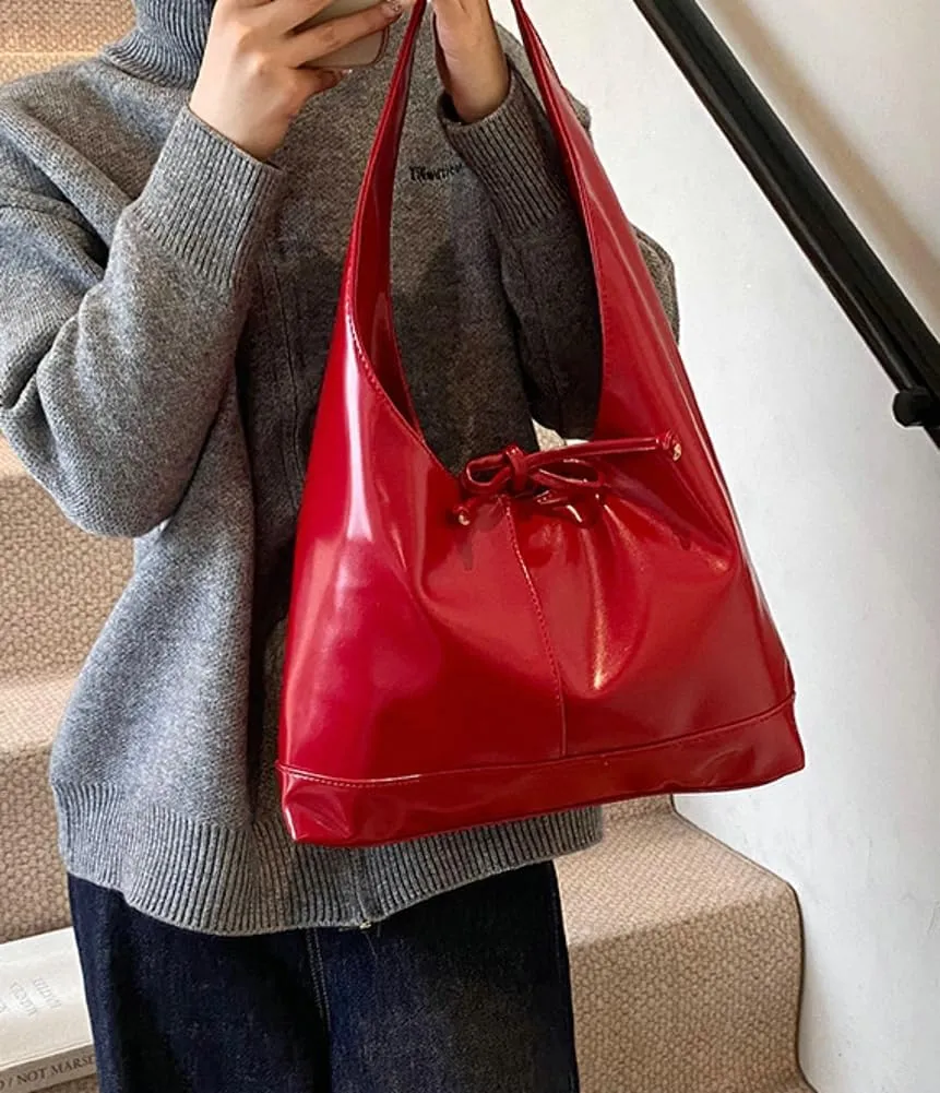 Slouchy Tote Bags For Women Soft Leather Handbag Retro Red Shoulder Bag Y2K Underarm Purse With Bow Casual Work Handbag