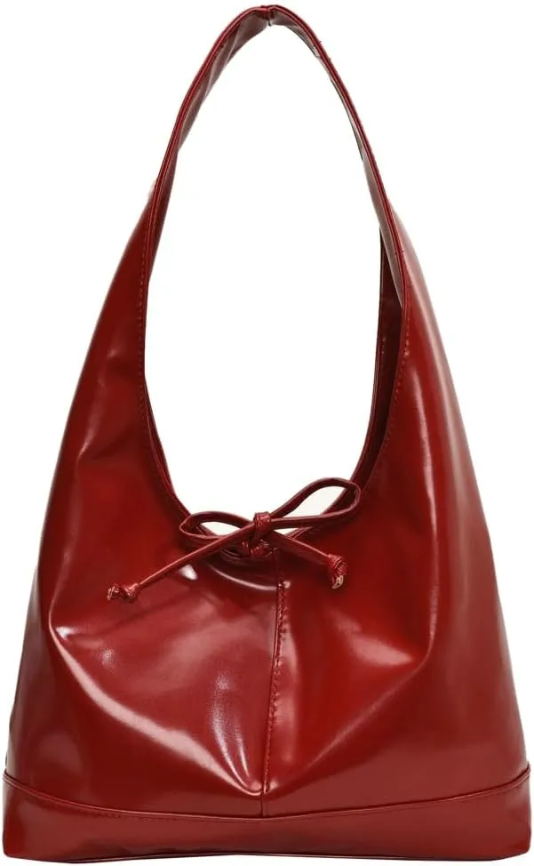 Slouchy Tote Bags For Women Soft Leather Handbag Retro Red Shoulder Bag Y2K Underarm Purse With Bow Casual Work Handbag