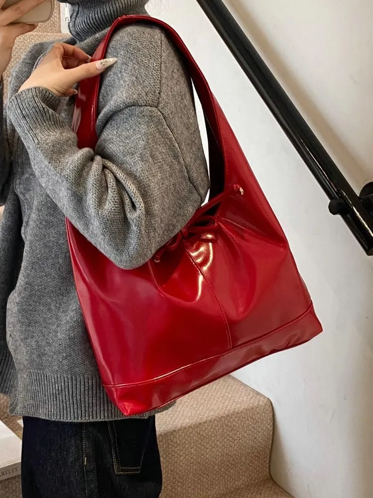 Slouchy Tote Bags For Women Soft Leather Handbag Retro Red Shoulder Bag Y2K Underarm Purse With Bow Casual Work Handbag