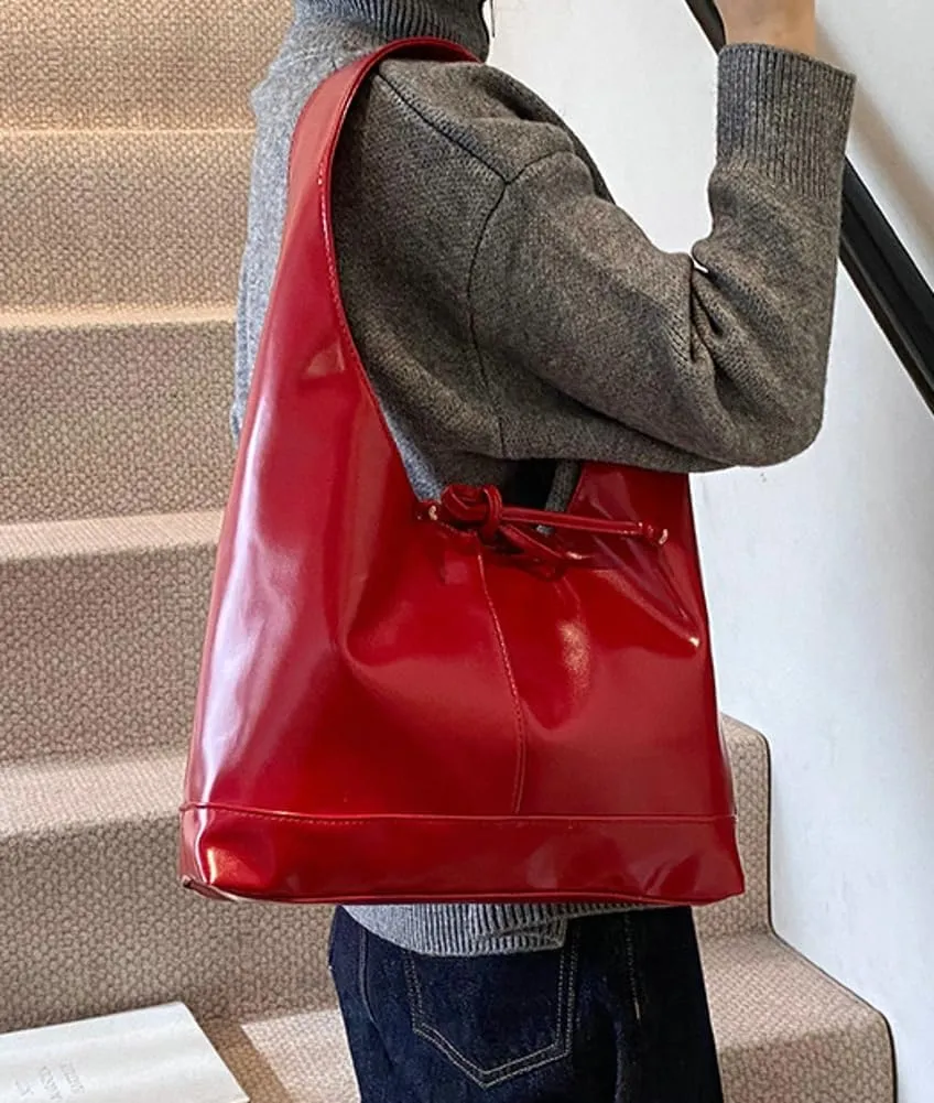 Slouchy Tote Bags For Women Soft Leather Handbag Retro Red Shoulder Bag Y2K Underarm Purse With Bow Casual Work Handbag