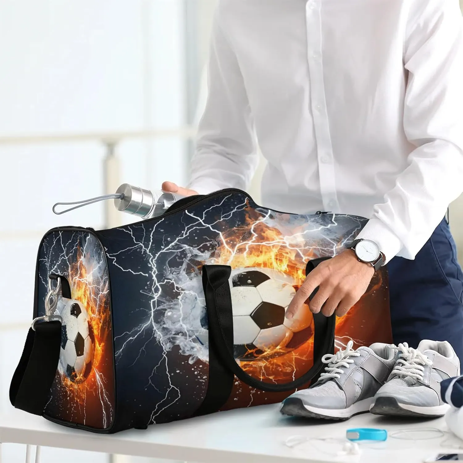 Soccer Ball Fire And Water Travel Bag for Men Women, Gym Duffle Bags for Travel, Carry On Luggage Bag, Weekender Overnight Workout Bags