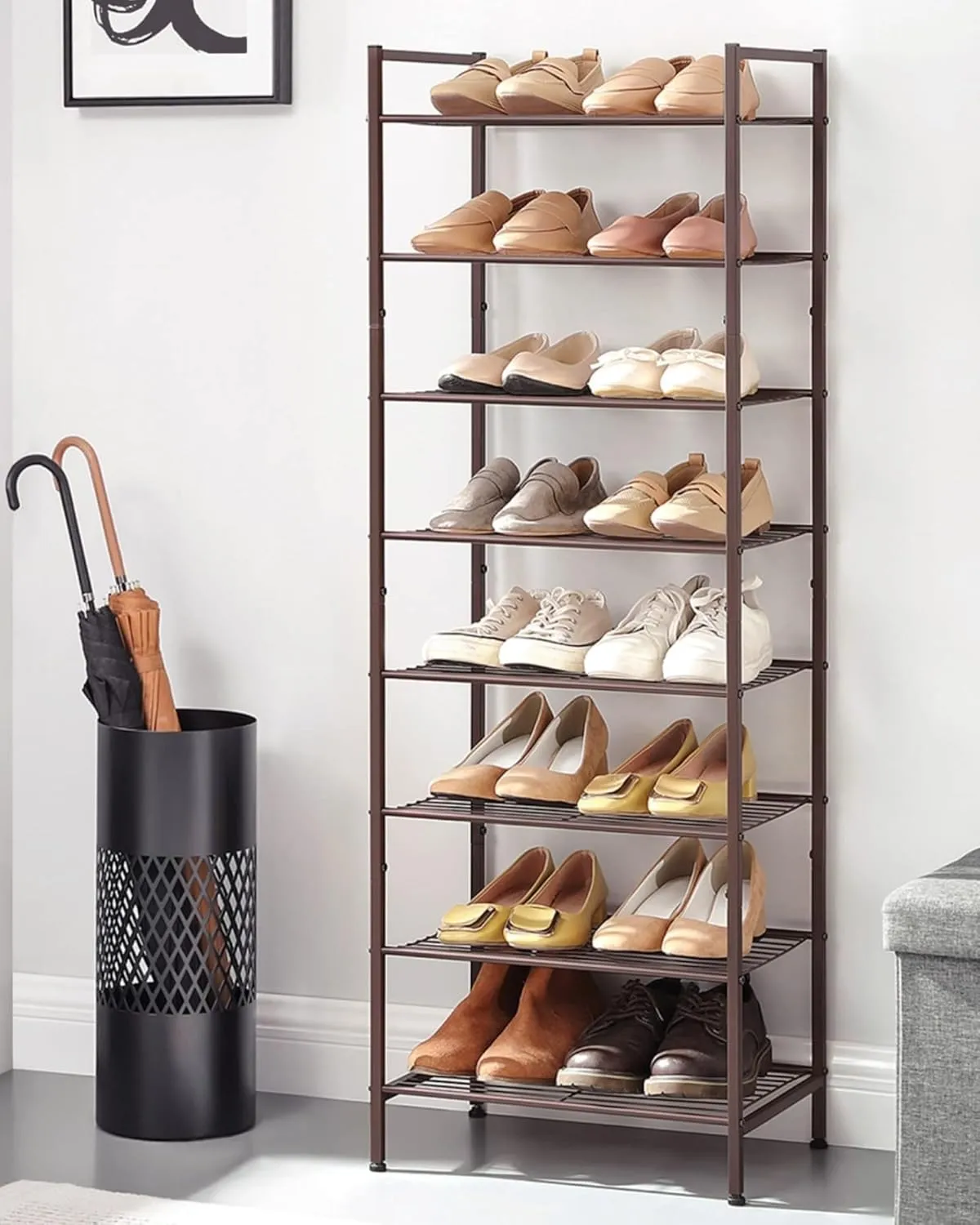 SONGMICS Narrow Shoe Rack - Sturdy 8 Tier Metal Tall Shoe Rack Shelf, Slim Shoe Storage Organizer for Closet Entryway Small Spaces, Bronze