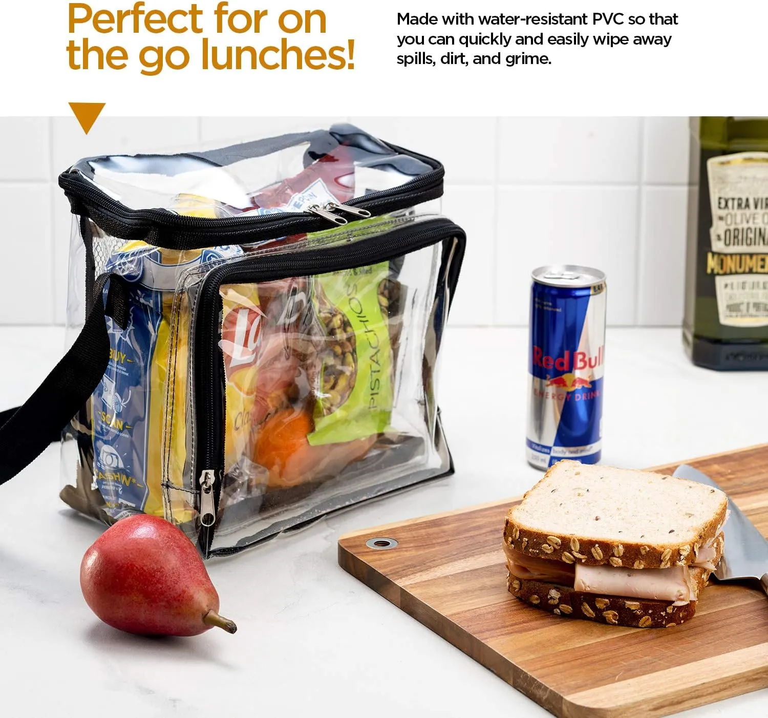 SP HOME GOODS Clear Tote Bag Stadium Approved Lunch Bag for Men and Women with Adjustable Shoulder Strap, Mesh Pockets, Zipper Closure (Black 2 Pack)