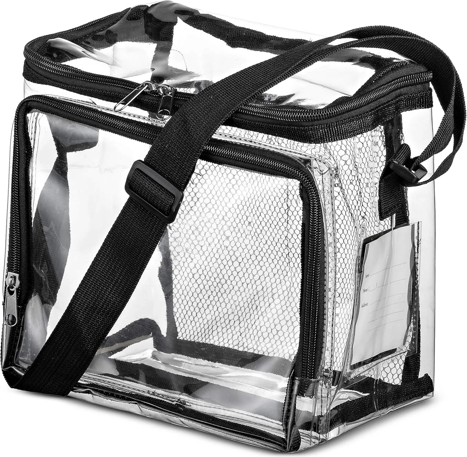 SP HOME GOODS Clear Tote Bag Stadium Approved Lunch Bag for Men and Women with Adjustable Shoulder Strap, Mesh Pockets, Zipper Closure (Black 2 Pack)