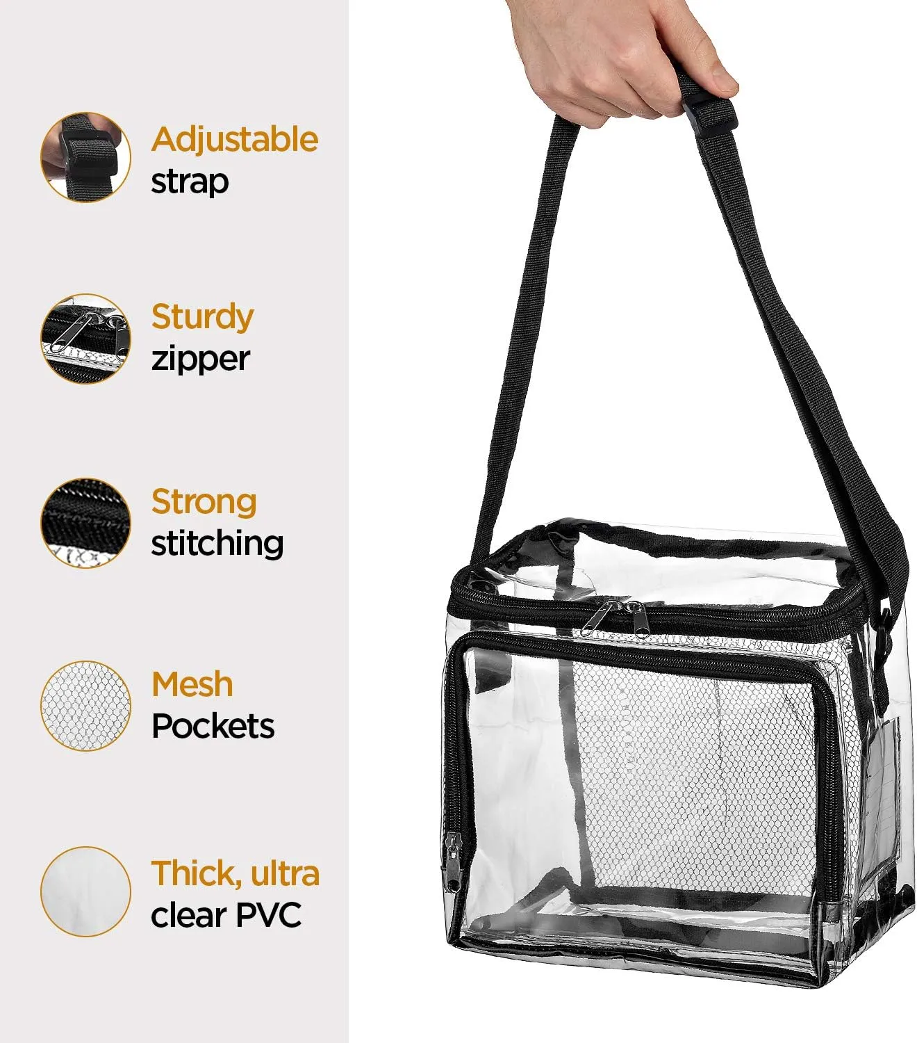 SP HOME GOODS Clear Tote Bag Stadium Approved Lunch Bag for Men and Women with Adjustable Shoulder Strap, Mesh Pockets, Zipper Closure (Black 2 Pack)