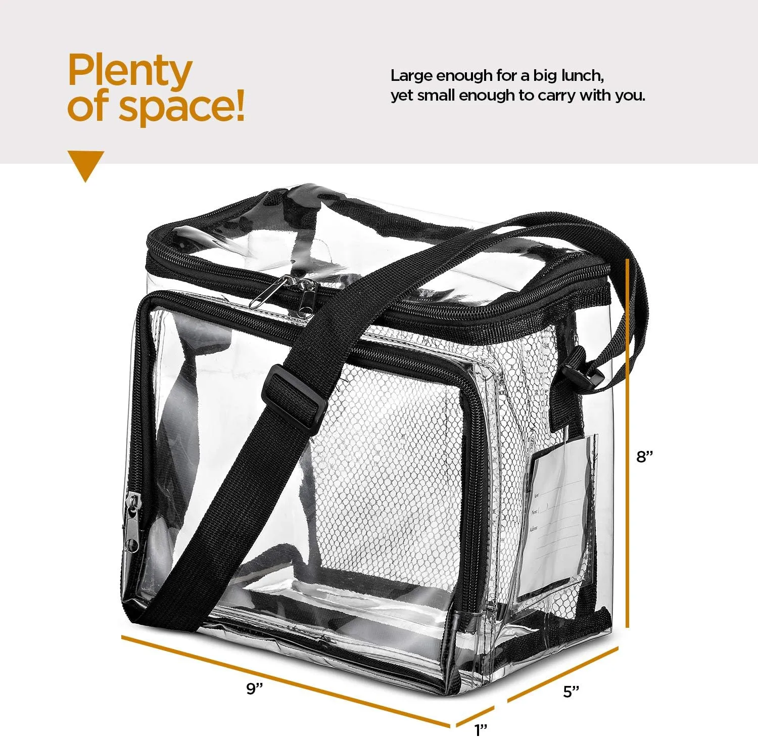 SP HOME GOODS Clear Tote Bag Stadium Approved Lunch Bag for Men and Women with Adjustable Shoulder Strap, Mesh Pockets, Zipper Closure (Black 2 Pack)
