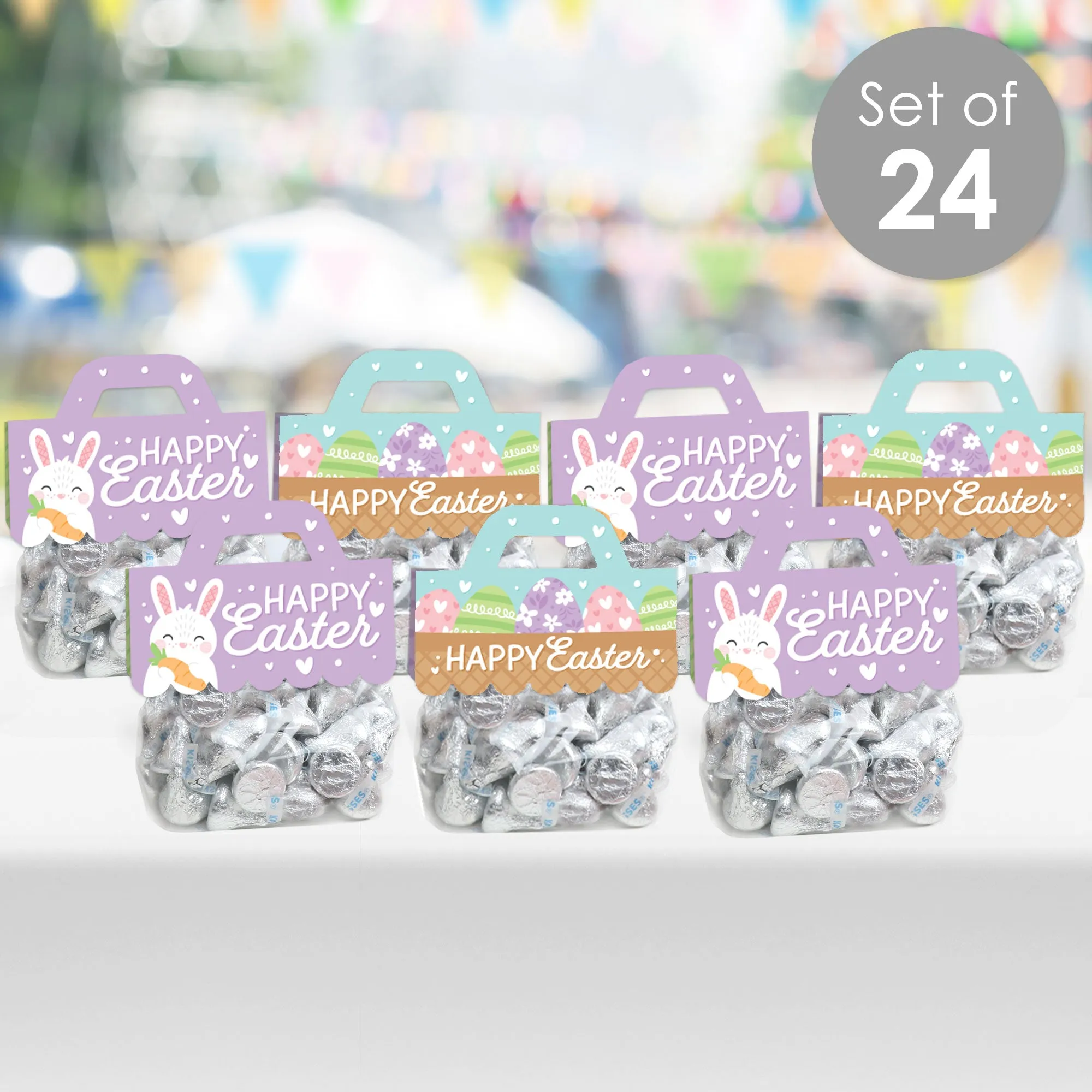 Spring Easter Bunny - DIY Happy Easter Party Clear Goodie Favor Bag Labels - Candy Bags with Toppers - Set of 24