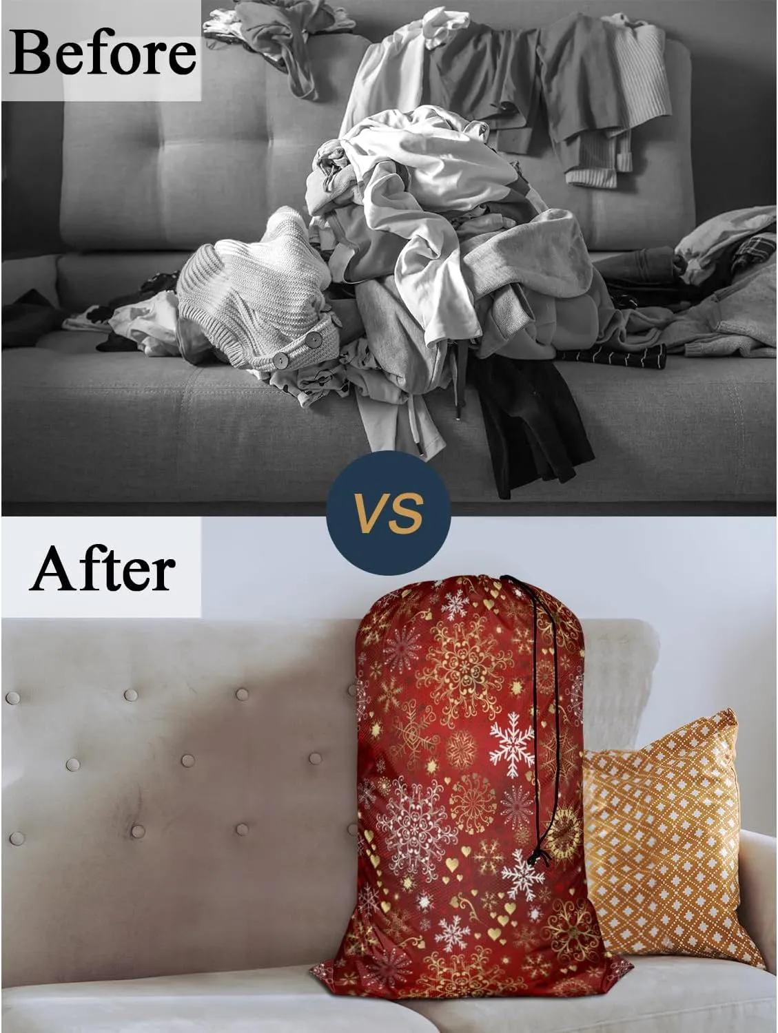 Swono Christmas Red Pattern Sturdy Laundry Basket Hamper, Gold White Snowflakes Foldable Laundry bag Clothing Organization for Bathroom, Bedroom, Home, Dorm, Travel