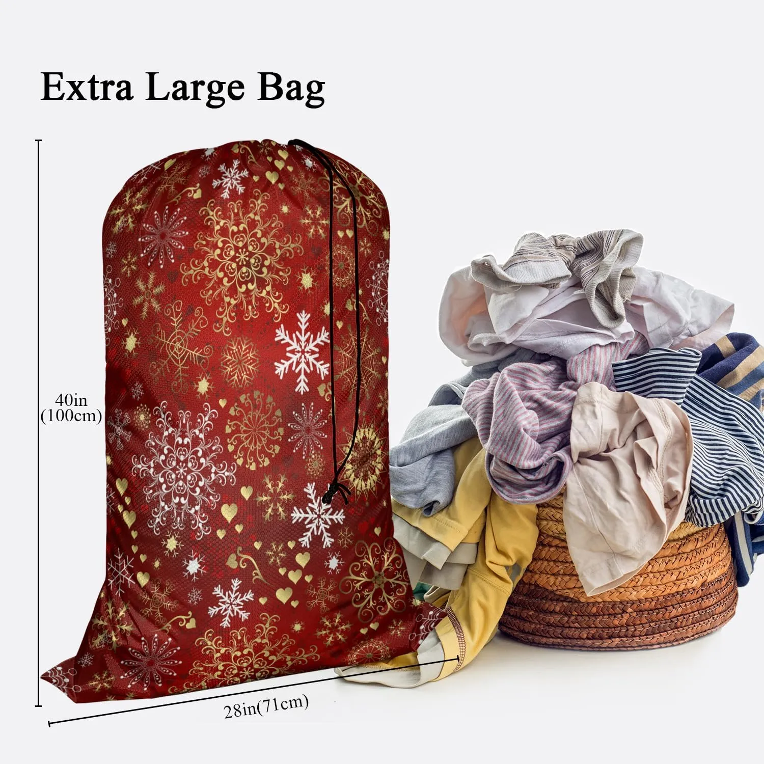 Swono Christmas Red Pattern Sturdy Laundry Basket Hamper, Gold White Snowflakes Foldable Laundry bag Clothing Organization for Bathroom, Bedroom, Home, Dorm, Travel