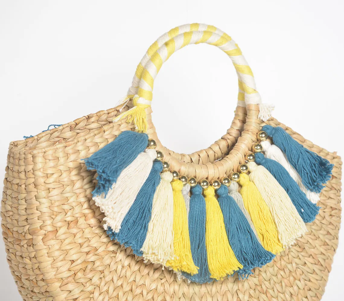 Tasseled Basket Woven Cane Moon Handbag
