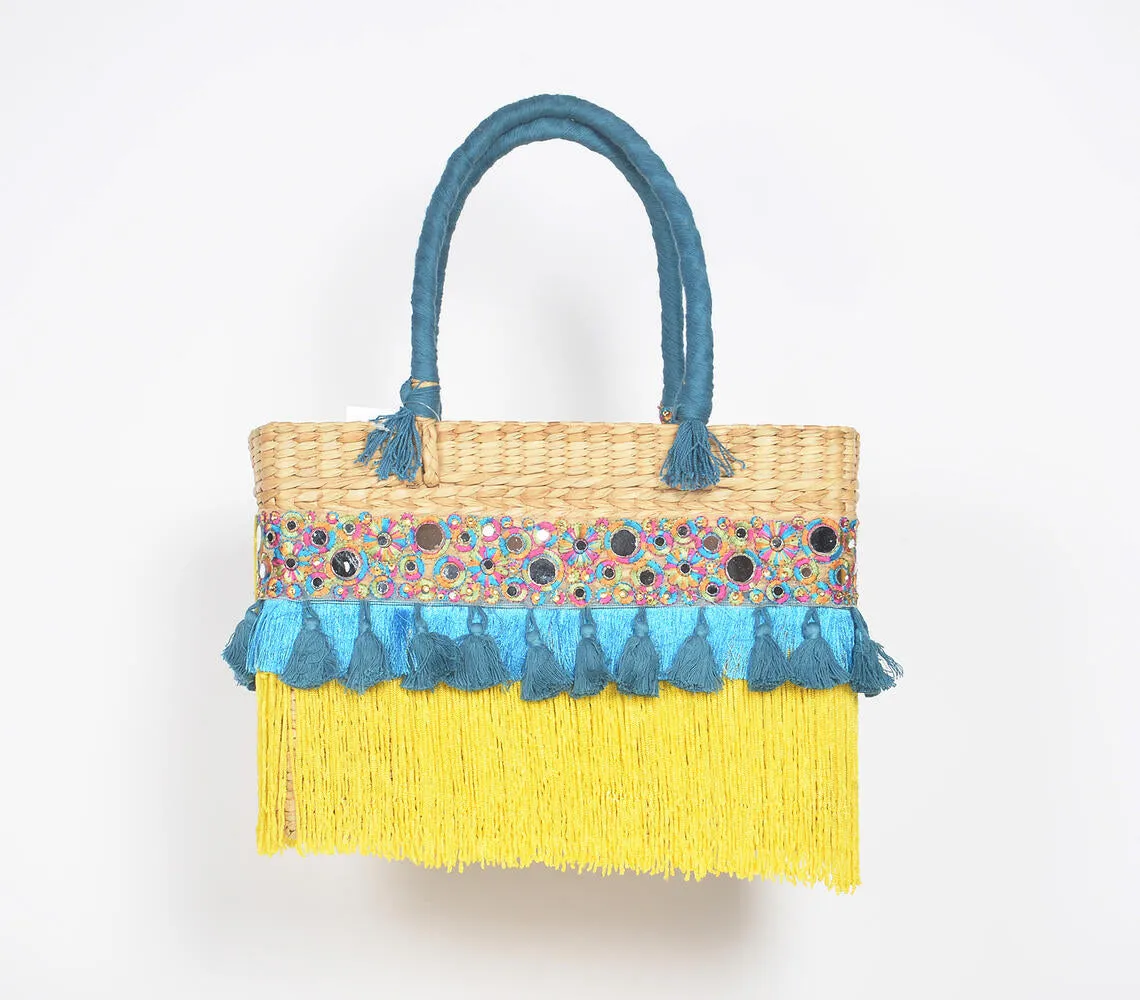 Tasseled Basket Woven Cane Yellow Handbag