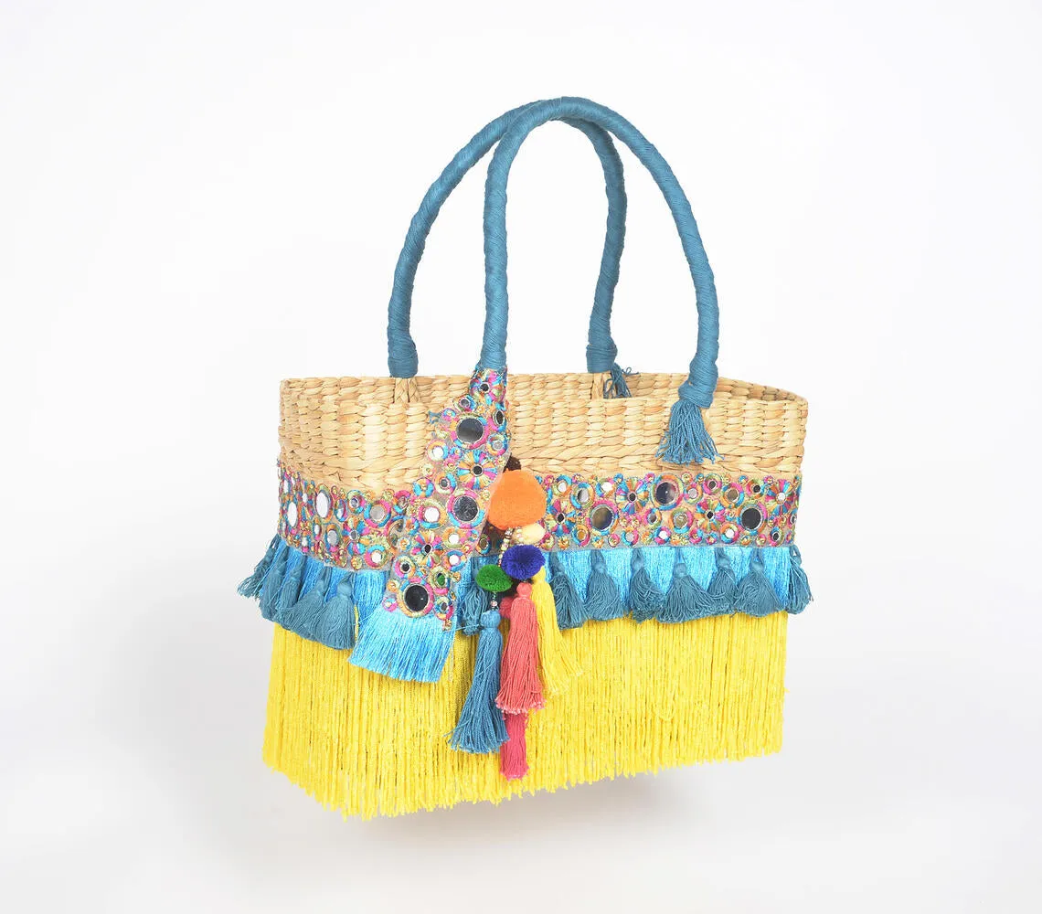 Tasseled Basket Woven Cane Yellow Handbag