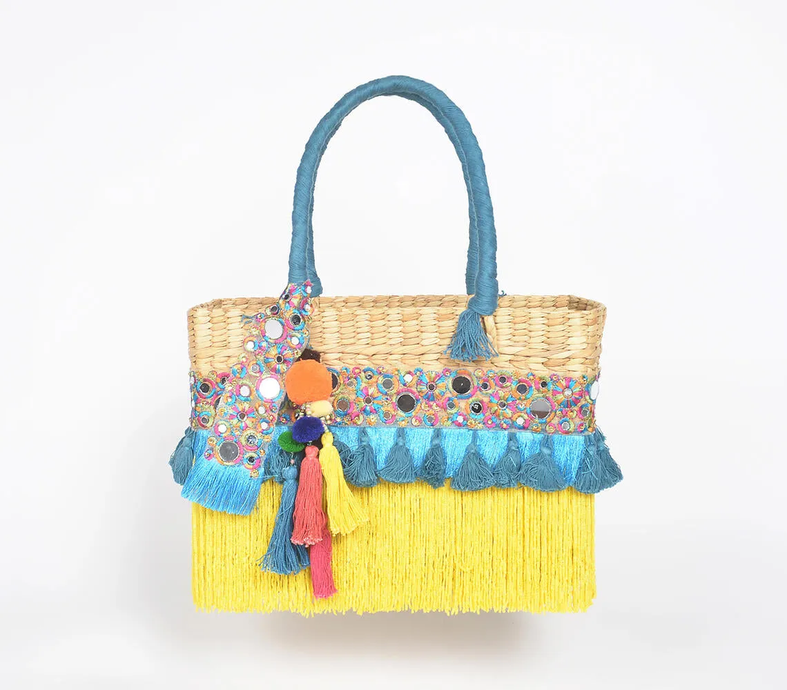 Tasseled Basket Woven Cane Yellow Handbag