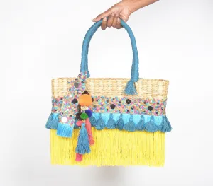 Tasseled Basket Woven Cane Yellow Handbag