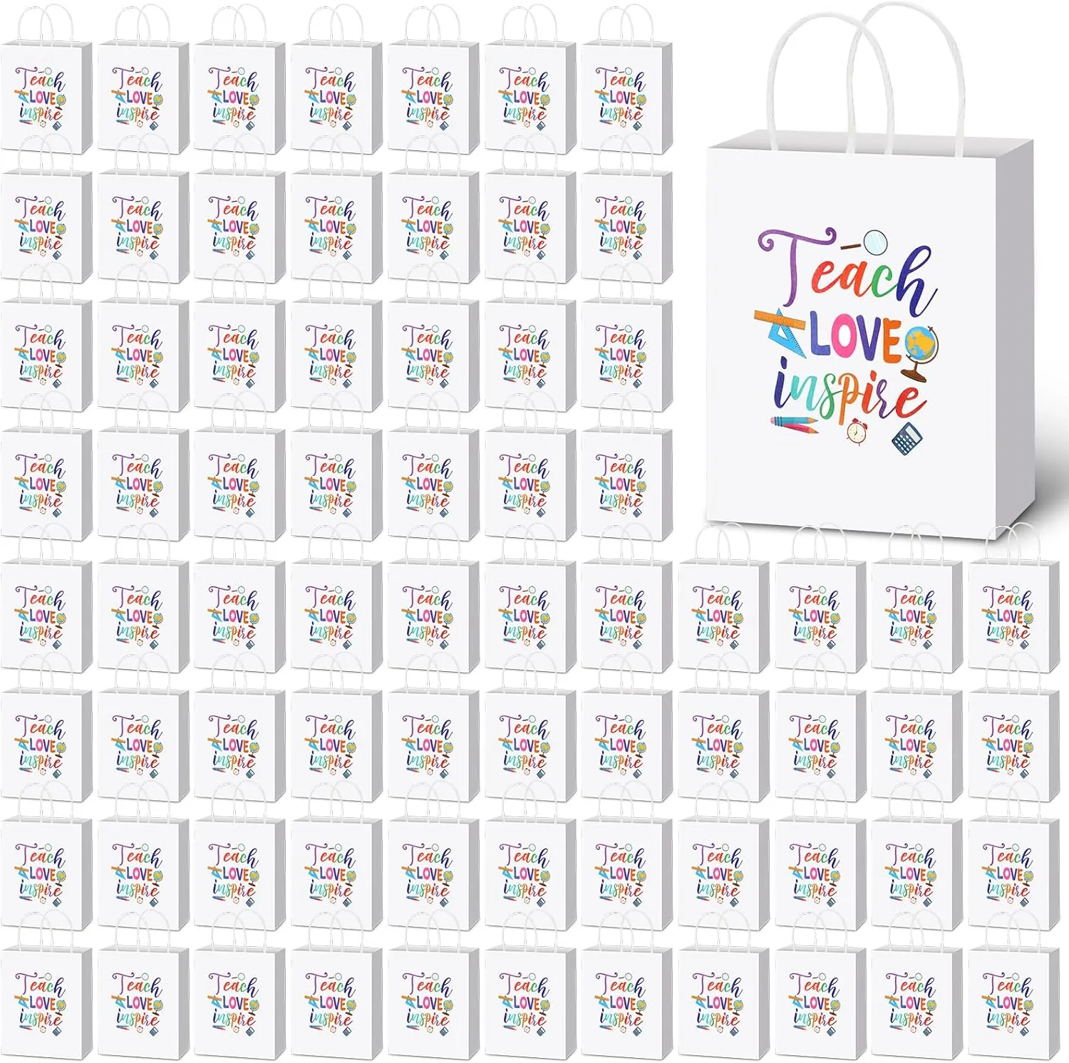 Teling 100 Pcs Teacher Appreciation Gifts Bags Bulk love teach Kraft Paper Thank You Wrap Gift Bags with Handles for Graduation Party Employee teachers Day, 5.9 x 8.3 x 3.2 Inches