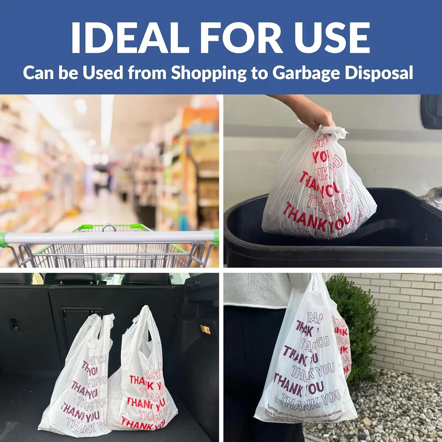 Thank You T-Shirt Carry-Out Bags, Disposable Plastic Bags with Handles for Shopping and Restaurant, 1/6 Barrel, 0.75 Mils, White/Purple, 12" x 7" x 22" Large, 400 Count