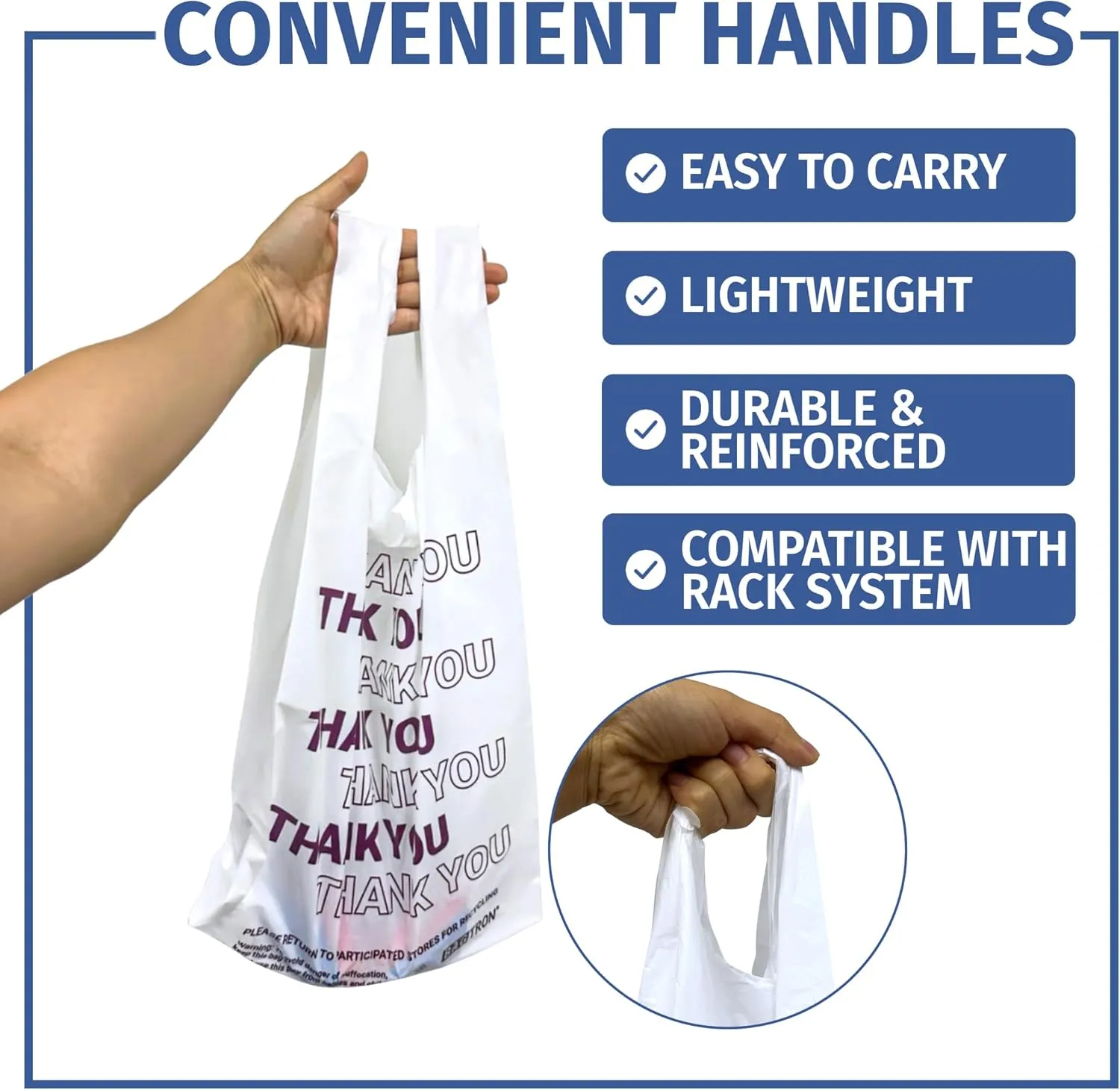 Thank You T-Shirt Carry-Out Bags, Disposable Plastic Bags with Handles for Shopping and Restaurant, 1/6 Barrel, 0.75 Mils, White/Purple, 12" x 7" x 22" Large, 400 Count
