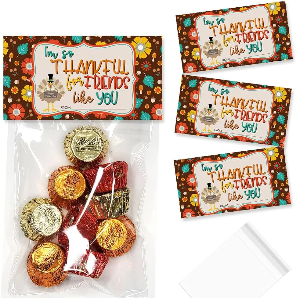 Thankful For Friends Like You Happy Friendsgiving Thanksgiving Themed Bag Toppers for Party Favor Treat Bags, Set of 20 Bag Toppers With 20 Self-Adhesive Bags Also Included! by AmandaCreation